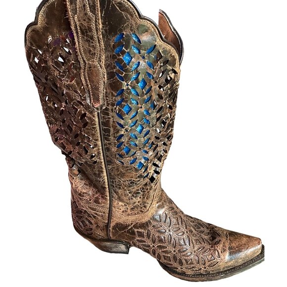 Dan Post Women's SIze 7M Brown Distressed Open Lattice Type Design Cowboy Boots - Picture 6 of 10